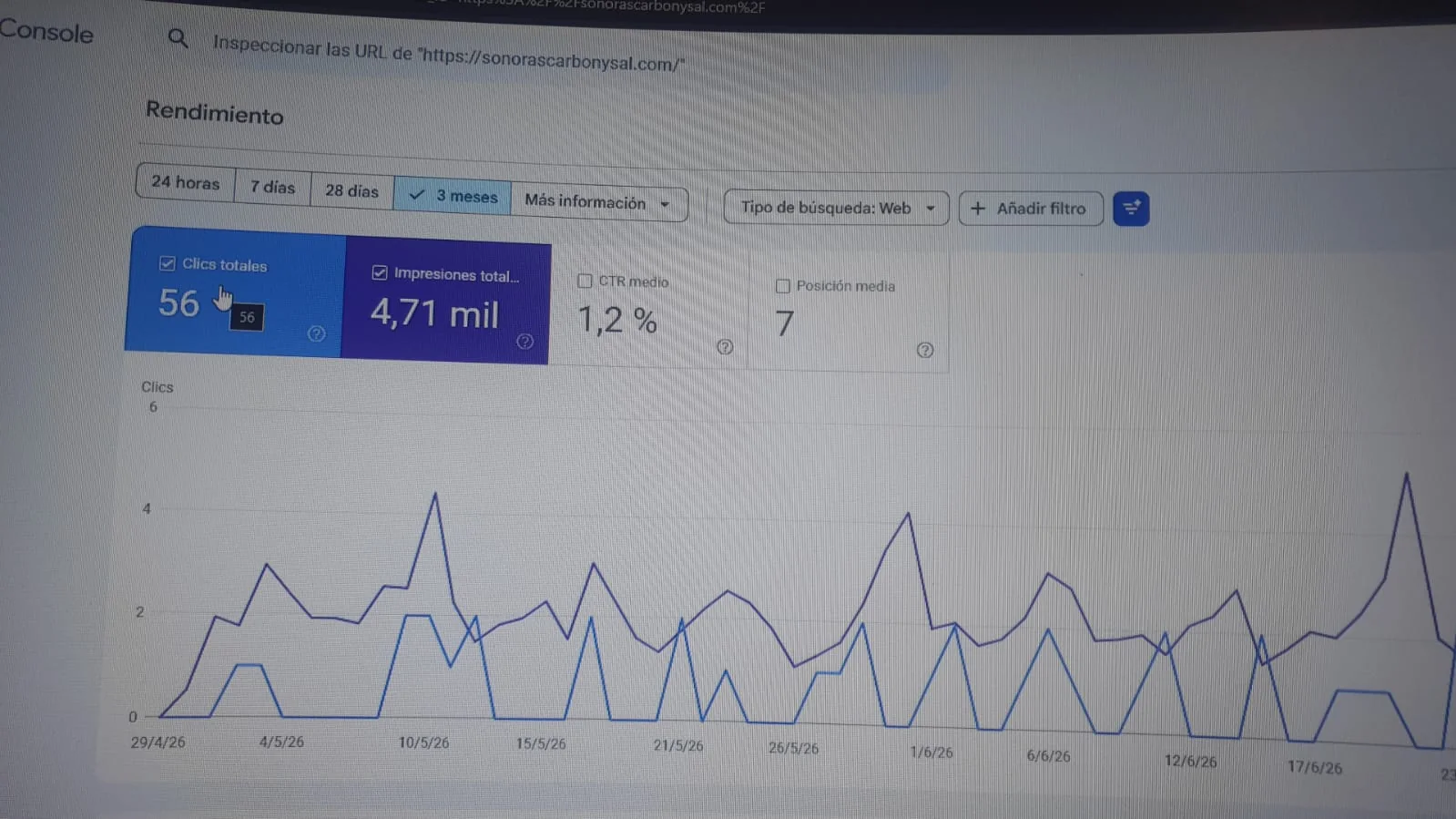 Search Console de sonorascarbonysal.com con 56 clics, 4.71 mil impresiones y posición media 7
