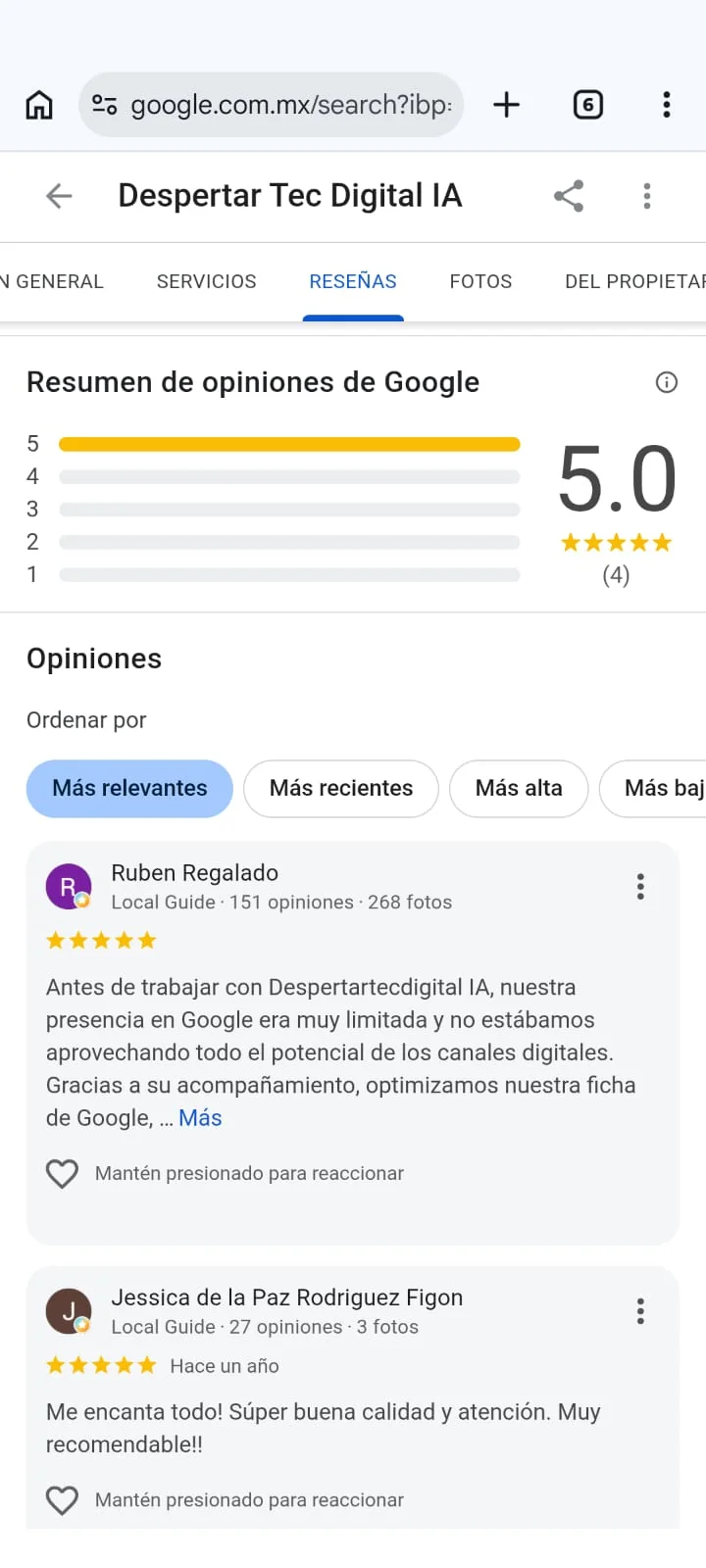 Testimonio público de cinco estrellas sobre el trabajo de Despertar Tec Digital IA